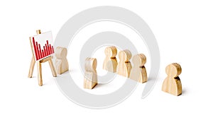 Wooden figures of people stand in the formation and listen to their leader. Business training, briefing and inspirational speech.