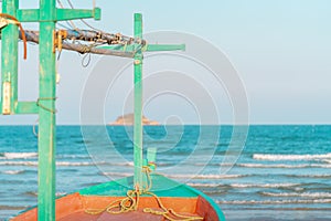 Wooden Fishing boat on an island sand beach for Vacation and Beach travel cocnept photo