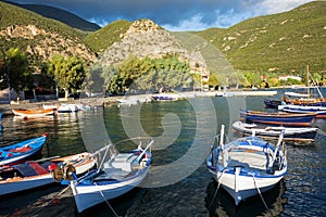 Wooden Fishing Boats in Greek Village Harbour