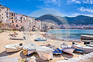 Wooden fishing boats on the old beach of Cefalu, Sicily