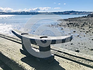 Wooden floating dock with mooring bitts. Detail.