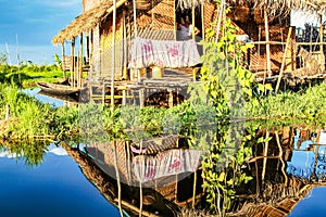 Wooden floating houses on Inle Lake in Shan, Myanmar