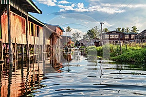 Wooden floating houses on Inle Lake in Shan, Myanmar, former Burma photo