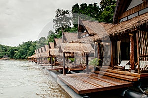 Wooden floating raft house in river Kwai at Sai Yok, Kanchanaburi, Thailand