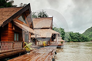 Wooden floating raft house in river Kwai at Sai Yok, Kanchanaburi, Thailand