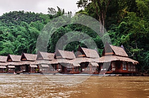 Wooden floating raft house in river Kwai at Sai Yok, Kanchanaburi, Thailand