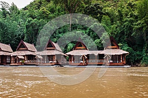 Wooden floating raft house in river Kwai at Sai Yok, Kanchanaburi, Thailand