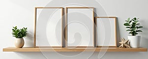 Wooden floating shelf, assorted empty picture frames, texture, wood, display