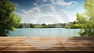 Wooden floor against blue sky over lake with trees in the background