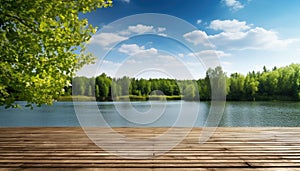 Wooden floor on the background of the lake and the forest