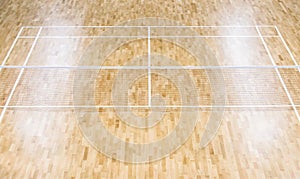 Wooden floor badminton court and nets. Wooden floor of sports ha