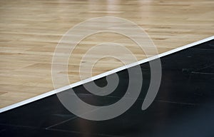 Wooden floor basketball arena. Wooden floor of sports hall with marking lines line on wooden floor indoor, gym court