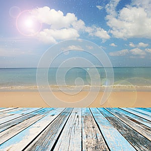 Wooden floor with beautiful blue sky scenery for background