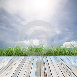 Wooden floor with beautiful blue sky scenery for background