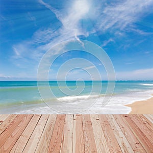 wooden floor with beautiful blue sky scenery for background.