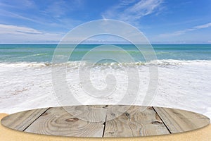 wooden floor with beautiful blue sky scenery for background.