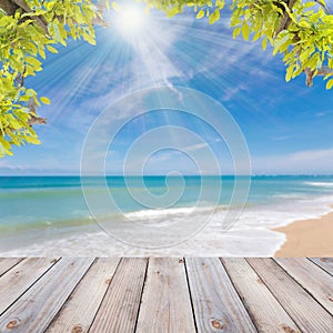 wooden floor with beautiful blue sky scenery for background.