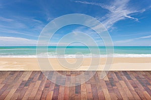 Wooden floor with beautiful blue sky scenery for background.