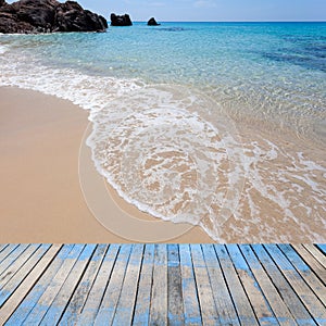wooden floor with beautiful sand ,tropical beach ,blue sky scene