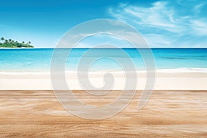 Wooden floor on blur beach island background - can be used for display or montage your products