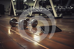 Wooden floor of a gymnasium with a smart phone and metal dumbbells photo