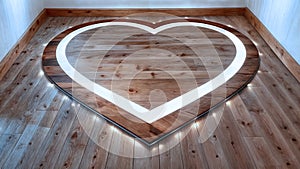 A wooden floor with a heart shape cutout with LED lights