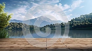 A wooden floor with a lake and mountain in the background