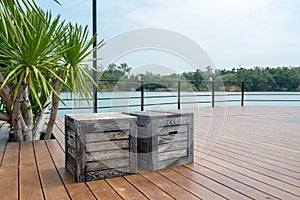Wooden floor with lake view for outdoor activitiy