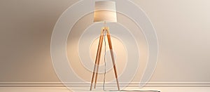 A wooden floor lamp with a white shade illuminates the room