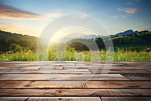 Wooden floor planks against a scenic backdrop of natural beauty