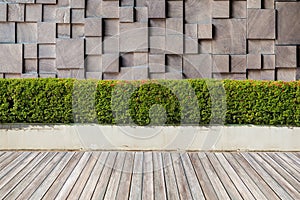 Wooden floor with sand and plan in garden on wooden wall