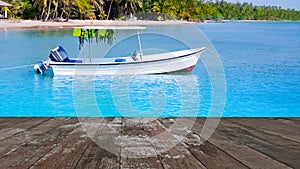 Wooden floor with sea of small boat for travel and Island nature landscape background