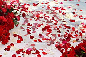 Wooden floor, strewn with rose petals