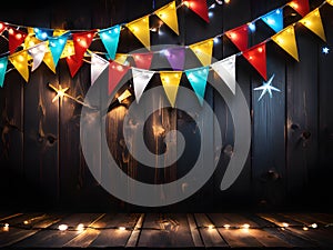 a wooden floor with a string of lights and bunting flags