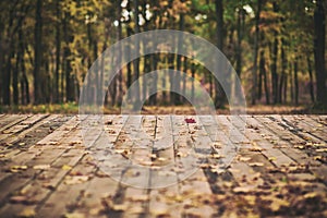 Wooden floor terrace over autumn forest background