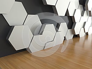 Wooden floor with white hexagons pattern on dark wall background