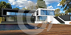 Wooden flooring around the pool of an advanced high-tech house. Black and white building.