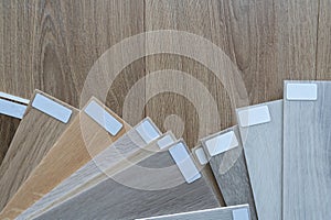 Wooden flooring samples. Interior designer composition with copy space. Choosing wood floor.