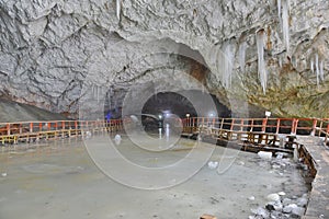 Wooden floors for circulation in the glacier at the entrance the Scarisoara cave, Romania