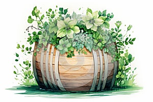 Wooden flower pot with lush greenery