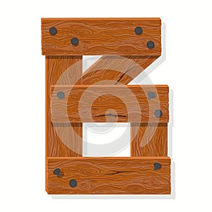 Wooden font, Plank Wood table alphabet. Old boards with nails ABC. Cartoon style Vector