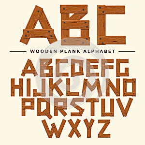 Wooden font, Plank Wood table alphabet. Old boards with nails ABC. Cartoon style Vector