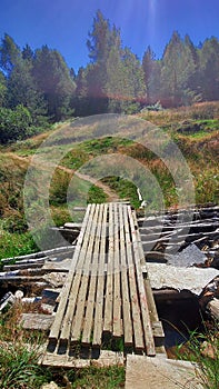 Wooden foot bridge in the mountains