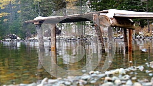 Wooden footbridg on Lower Multinskoe lake in the Altai Mountains