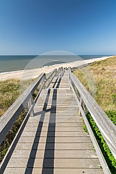 Wooden footbridge through the dunes next to scenic beach