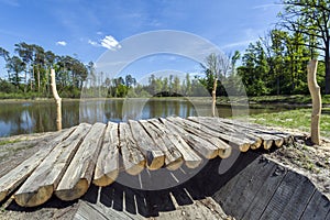 Wooden footbridge on the lake