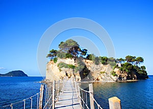 The wooden footbridge leading to the small island of Agios Sostis on Zakynthos, Greece