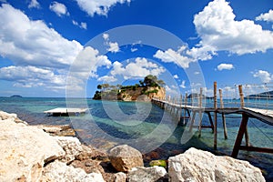 The wooden footbridge leading to the small island of Agios Sostis on Zakynthos, Greece