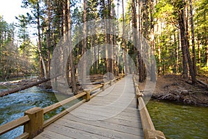 Wooden footbridge over a river