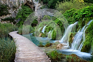 Wooden footbridge through Plitvice Lakes